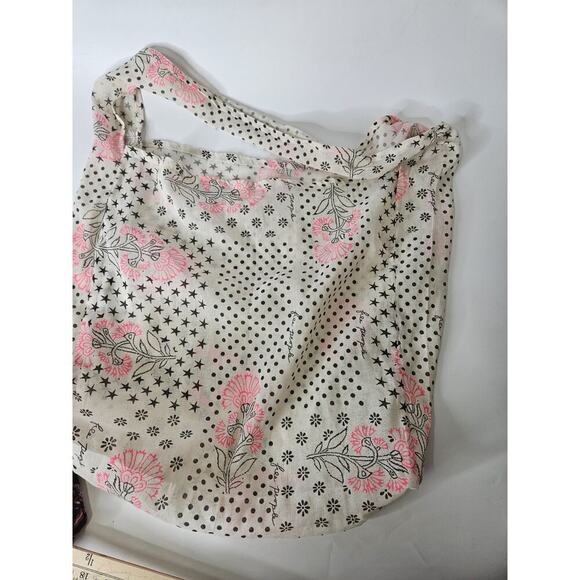 Free People Floral Gauzy Boho Medium Reusable Tote Bag Beige Black Pink - Picture 3 of 3